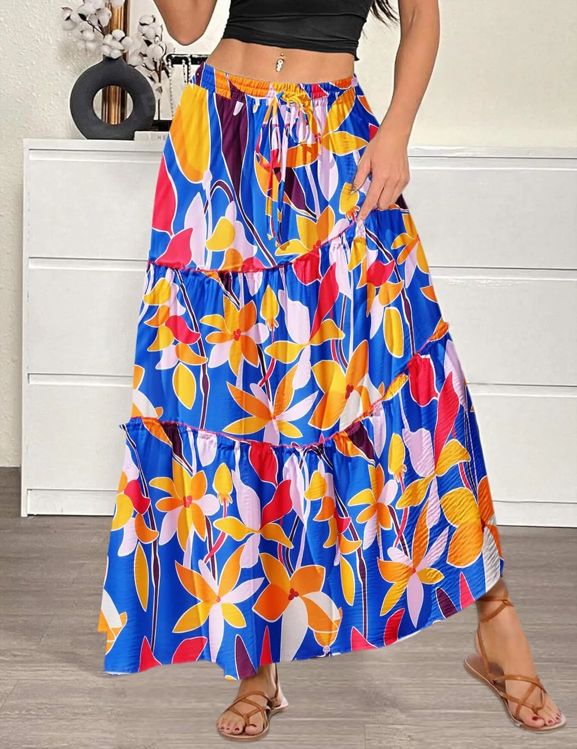 Zeagoo Womens Casual Maxi Skirts for Women 2025 High Waist Boho Skirts Floral Printed Long Flowy Skirt with Pockets