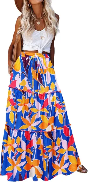 Zeagoo Womens Casual Maxi Skirts for Women 2025 High Waist Boho Skirts Floral Printed Long Flowy Skirt with Pockets